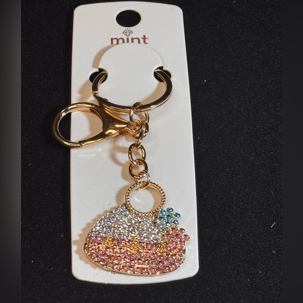 BAG CHARM Mint Gold and Pink Crystal Pink Blue Flower Purse Key Holder